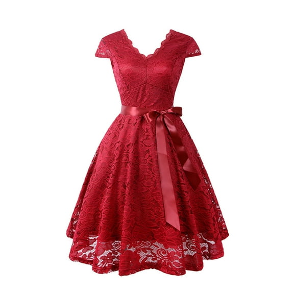 Fesfesfes Fashion Women Princess Dress V-Neck Solid Color Vintage Dress Elegant Midi Evening Gown Zipper Sleeveless Lace Dress Gifts for Her