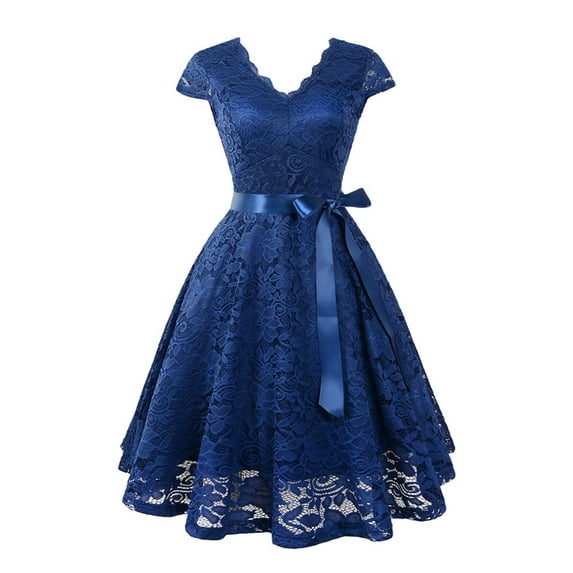 Fesfesfes Fashion Women Princess Dress V-Neck Solid Color Vintage Dress Elegant Midi Evening Gown Zipper Sleeveless Lace Dress Sale on Clearance