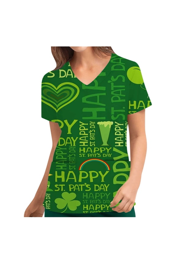 Fashion Women St. Patrick's Day Printing Short Sleeve Tops V-Neck Pullover Tops Nurse Workwear Uniform Tshirt