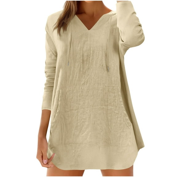 Fesfesfes Fashion Women's Casual Blouses Solid V-Neck Styles with Hem Slits and Loose Fitting Featuring Button Details That Enhance Chaming(Beige#1,L)