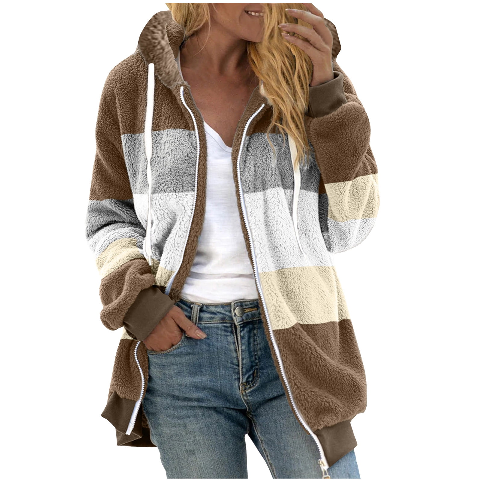 Fesfesfes Fashion Women's Fleece Jacket Zipper Flannel Jacket Tops Long  Sleeve Shirt Color Match Hooded Blouse Sweatshirt On Sale 