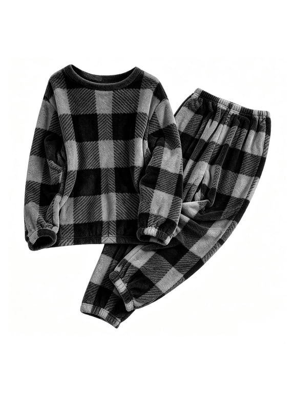 Fashion Women's Plaid Flannel Pajama Set Long Sleeve Round Neck Top and Jogger Pants Sleepwear Nightwear for Fall Winter Daily Wear Cozy Soft Comfy