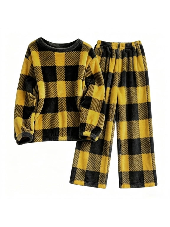 Fashion Women's Plaid Fleece Pajama Set Long Sleeve Round Neck Top and Wide Leg Pants Sleepwear for Fall Winter Daily Wear Cozy Soft Comfy