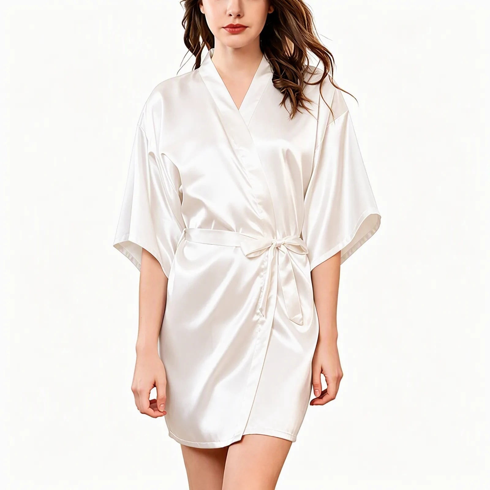 Fesfesfes Fashion Women's Satin Robe Short Sleeve V Neck Belted ...