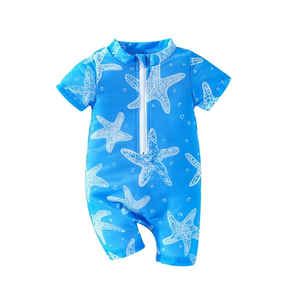 Fesfesfes Fashionable Children's Beach Printed Summer Jumpsuit with Short Sleeves and Half Zip Breathable and Comfortable Swimwear Toddler Bathing Suits Beachwear(Blue,18 Months)