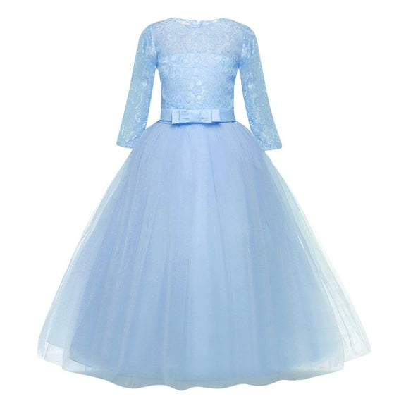 Fesfesfes Fashionable Girls' Solid Color Party Dress 5-12 Years Children's Lace Mesh Puffy Long Sleeved Casual Dress for Stylish and Comfortable Wear(Light Blue,7 Years)