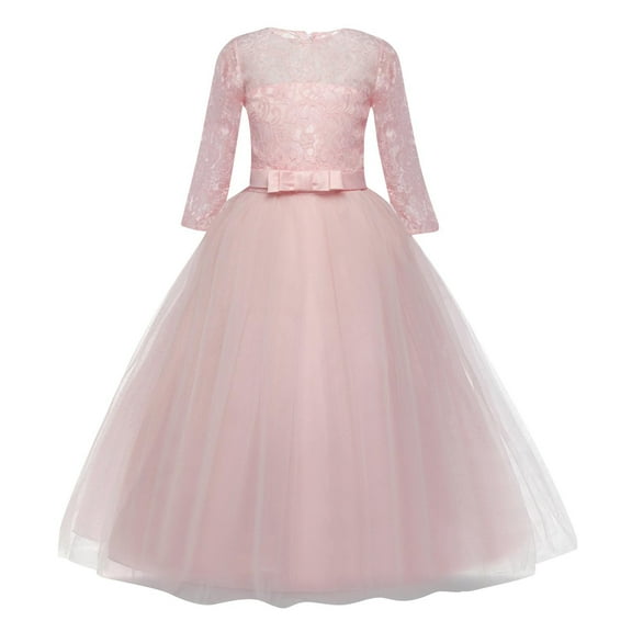 Fesfesfes Fashionable Girls' Solid Color Party Dress 5-12 Years Children's Lace Mesh Puffy Long Sleeved Casual Dress for Stylish and Comfortable Wear(Pink,5 Years)