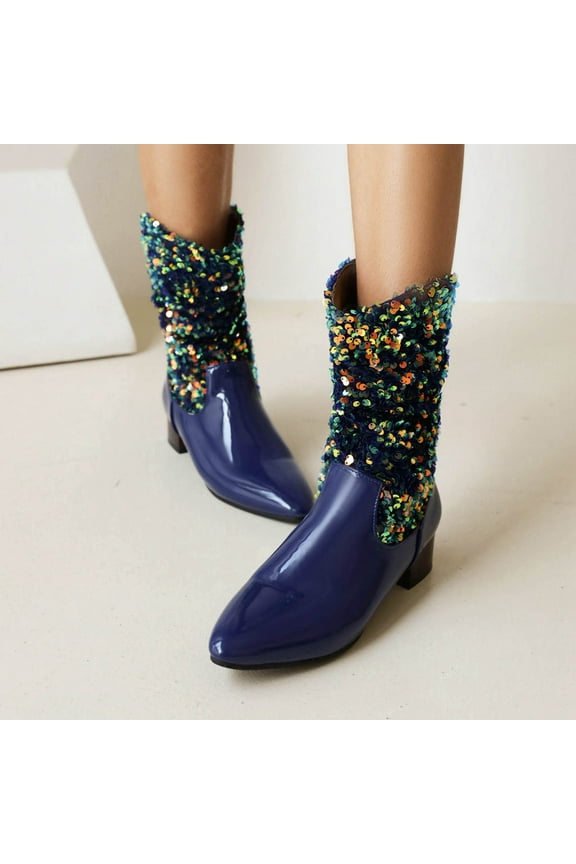 Faux-Leather Boots for Women And Winter Sequins Stitching Patent Synthetic Pointed Toe Flat 8.5(41)