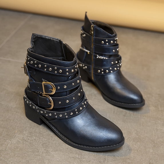 Fesfesfes Faux-Leather Boots for Women Boots Girls Short Bootie Cowgirl Motorcycle Synthetic Shoes Mid Heel Ankle Boots 9(42)