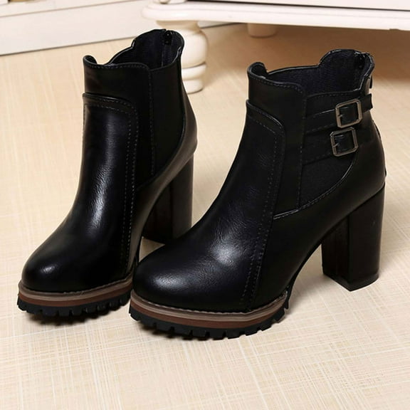 Fesfesfes Faux-Leather Boots for Women Chunky Heel High-Heels Boots Round-Toe Retro Back Zipper Short Boots 4.5(36)