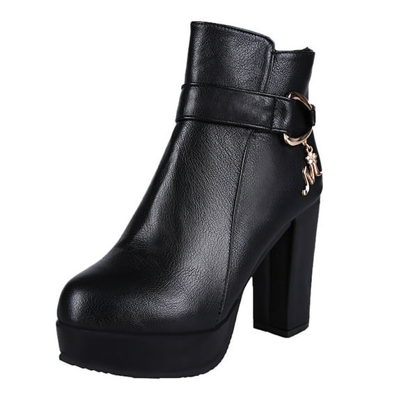 Fesfesfes Faux-Leather Boots for Women Fall/Winter Large Thick High Heels Velvet Warm Synthetic Low Sleeve Women's Short Boots 5.5(36)