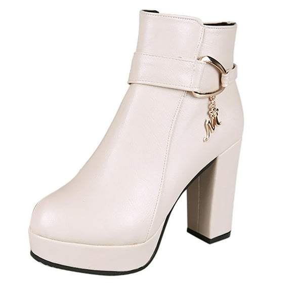 Fesfesfes Faux-Leather Boots for Women Fall/Winter Large Thick High Heels Velvet Warm Synthetic Low Sleeve Women's Short Boots 7.5(40)