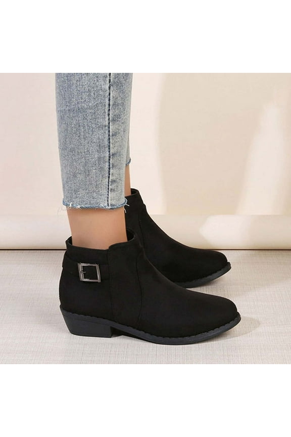 Faux-Leather Boots for Women Heel Low Heel Round-Toe Boots Metal Synthetic Belt Buckle Side Zipper Short Boots 4(35)