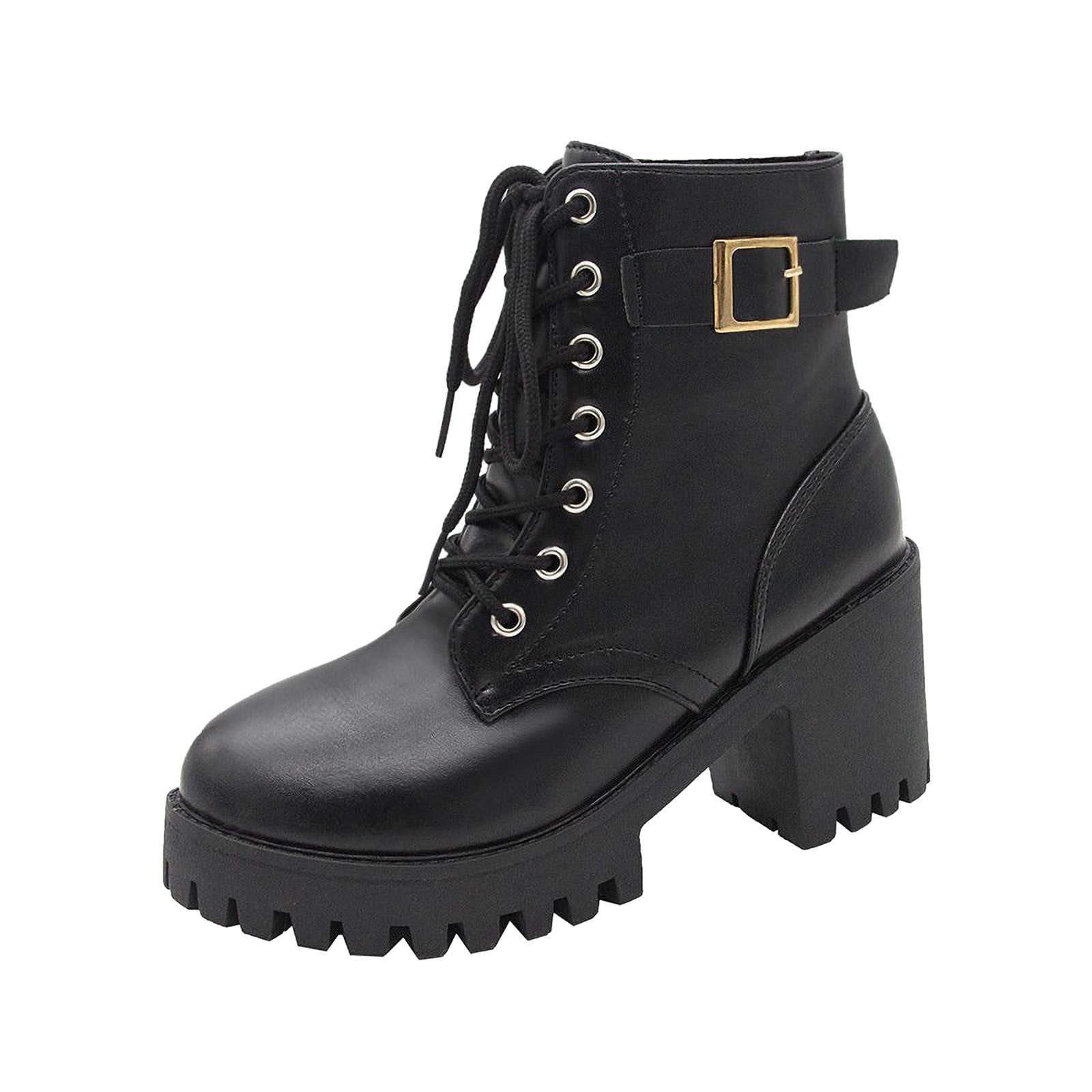 Fesfesfes Faux-Leather Boots for Women Lace Up Black Current Boots ...