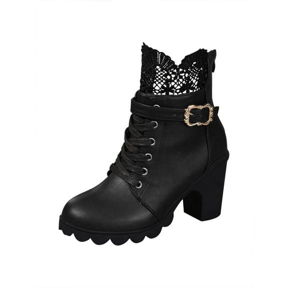 Fesfesfes Faux-Leather Boots for Women Large Women's Lace Lace Short Boots Belt Buckle Lace Up Women's Thick Heels High Heels Marti Boots 8.5(41)
