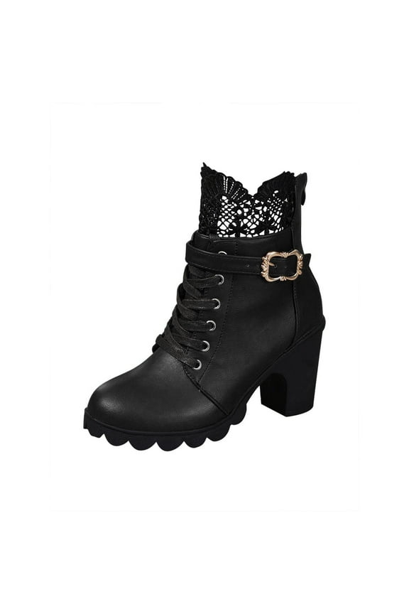 Faux-Leather Boots for Women Large Women's Lace Lace Short Boots Belt Buckle Lace Up Women's Thick Heels High Heels Marti Boots 8.5(41)