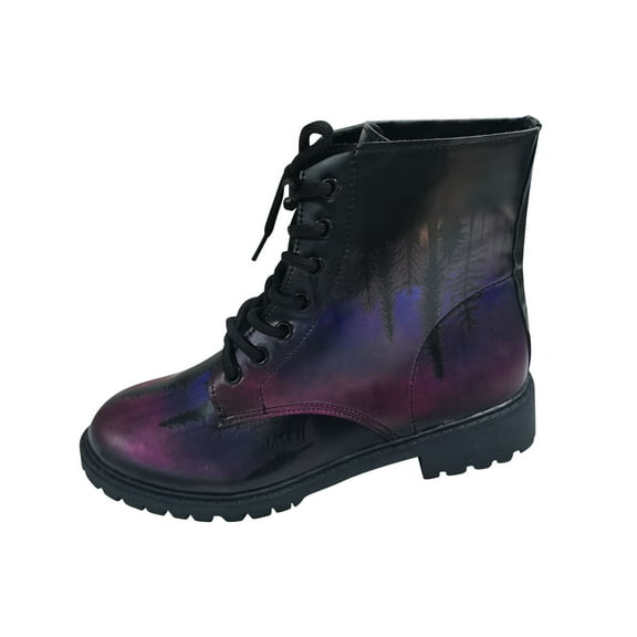 Fesfesfes Faux-Leather Boots for Women Men Retro Flat Bottom Shoes Print Plus Size Lace Up 10.5(45)