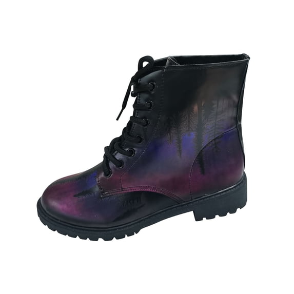 Fesfesfes Faux-Leather Boots for Women Men Retro Flat Bottom Shoes Print Plus Size Lace Up 6(37)
