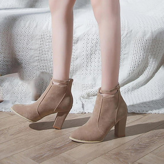 Fesfesfes Faux-Leather Boots for Women Mid-heel Winter Casual Color Suede Thick Soled Ankle Boots With Belt Buckle 4.5(35)