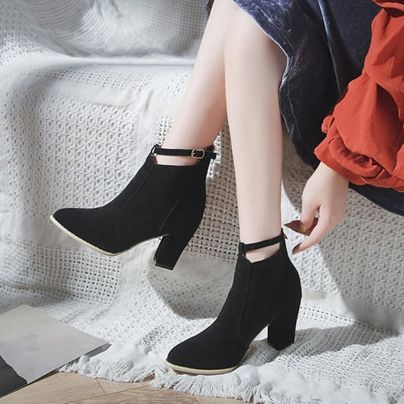 Fesfesfes Faux-Leather Boots for Women Mid-heel Winter Casual Color Suede Thick Soled Ankle Boots With Belt Buckle 8.5(41)