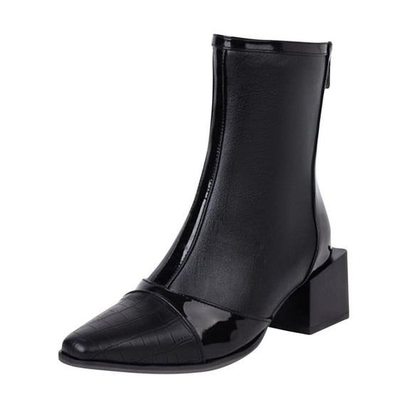 Fesfesfes Faux-Leather Boots for Women Midrange Winter Synthetic Stitching Square With Fleece Patchwork Back Zipper Rider's Boot 6.5(38)