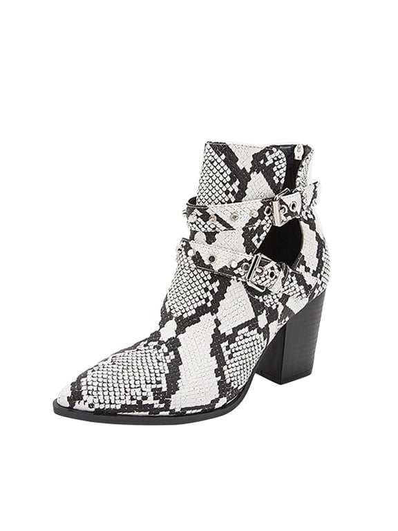 Faux-Leather Boots for Women Pointed Shoes Winter Snake Pattern Fashion Square High Heel Shoes Belt Buckle 7(39)