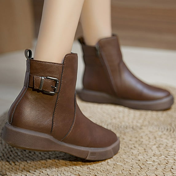 Fesfesfes Faux-Leather Boots for Women Shoes Pointed Toe Solid Color Warm Zip Casual Retro Low Heel Stitching Fashion Belt Buckle 7(39)