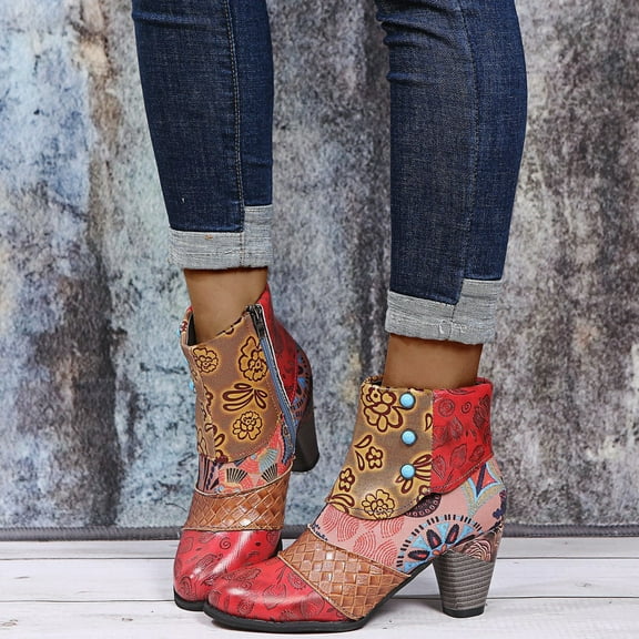 Fesfesfes Faux-Leather Boots for Women Shoes Retro National-Style Splicing Mid Heel Zipper Short Synthetic 6.5(38)