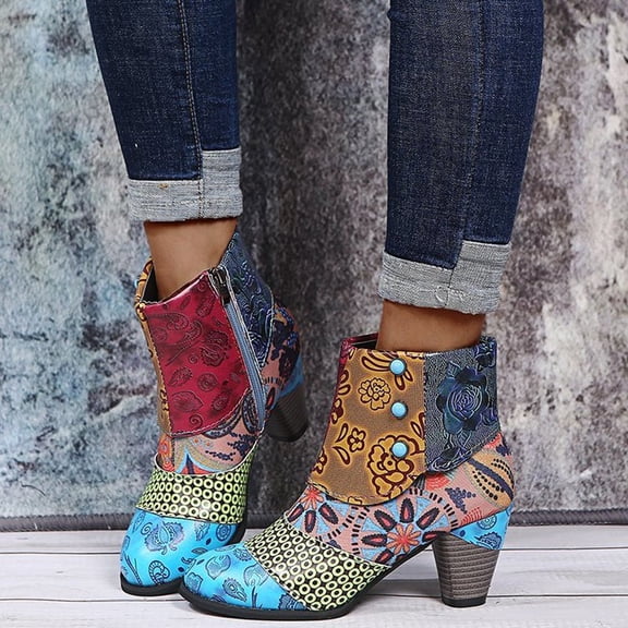 Fesfesfes Faux-Leather Boots for Women Shoes Retro National-Style Splicing Mid Heel Zipper Short Synthetic 7.5(40)