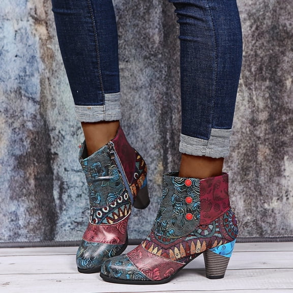 Fesfesfes Faux-Leather Boots for Women Shoes Retro National-Style Splicing Mid Heel Zipper Short Synthetic 7.5(40)