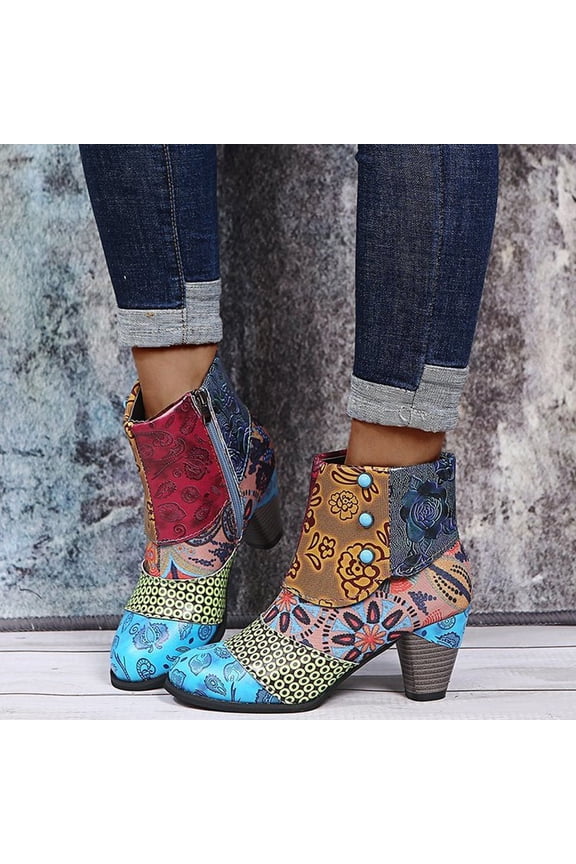 Faux-Leather Boots for Women Shoes Retro National-Style Splicing Mid Heel Zipper Short Synthetic 9(42)