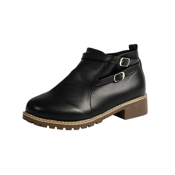 Fesfesfes Faux-Leather Boots for Women Short Boots Round Toe Chunky Heel Middle Heel Slouchy Metal Synthetic Buckle Booties 6(37)
