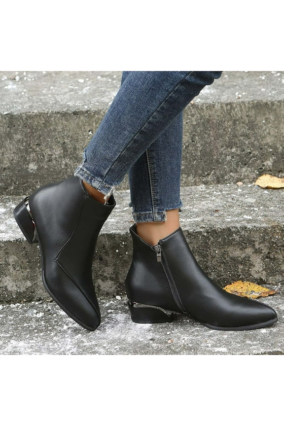 Faux-Leather Boots for Women Side Zipper Mid Heel Flat Bottom Short Barrel Pointed Thin Synthetic Boots 6(37)