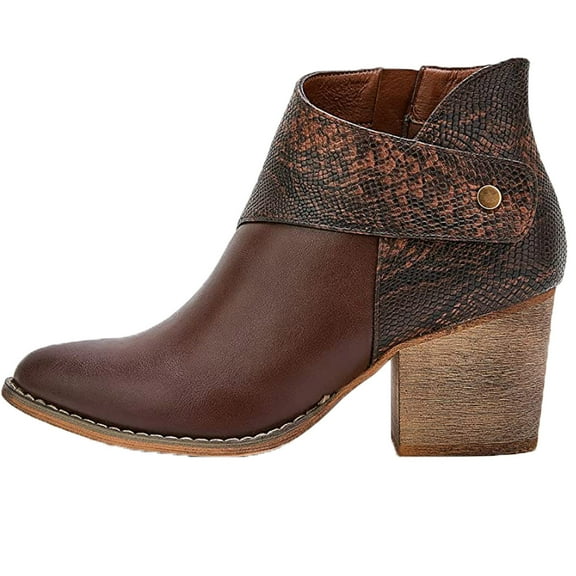 Fesfesfes Faux-Leather Boots for Women Synthetic Patchwork Thick Heel High Heel Zipper Pointed Snake 7(39)