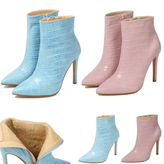 Fesfesfes Faux-Leather Boots for Women Winter Fleece Warm Boots Pointed Side Zipper 10.5CM Stilettos Heels Boots 6.5(39)