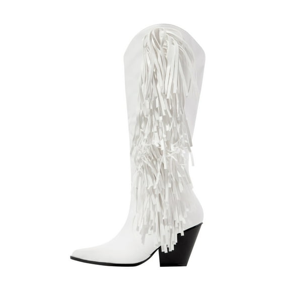 Fesfesfes Faux-Leather Boots for Women Winter High With Fringe Sleeve In Solid Color And Low Heel 6.5(38)