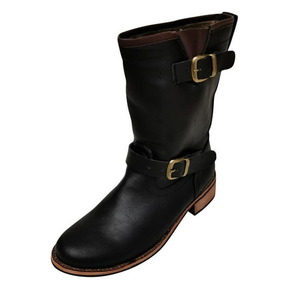 Fesfesfes Faux-Leather Boots for Women Winter Retro Belt Buckle Low Heel Warm Sleeve Pair Men's Knight 11.5(46)