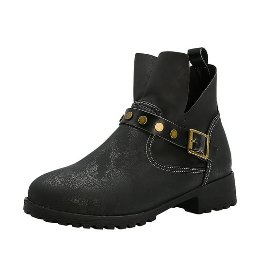 Fesfesfes Faux-Leather Boots for Women Winter Short With Round And Low Heels And Solid Metal Belt Buckles 9.5(43)