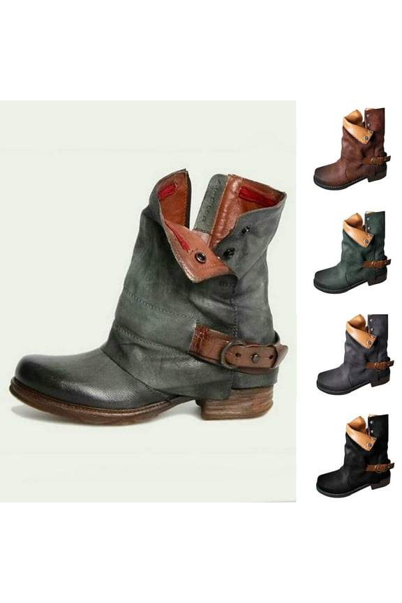 Faux-Leather Boots for Women Winter Warm Cowgirls Boots Cuffed Shoes Belt Buckle Side Zipper Low Heel Boots 5.5(36)