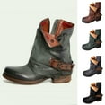 thumbnail image 1 of Fesfesfes Faux-Leather Boots for Women Winter Warm Cowgirls Boots Cuffed Shoes Belt Buckle Side Zipper Low Heel Boots 9.5(43), 1 of 3