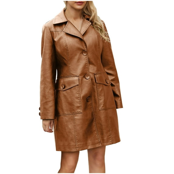 Fesfesfes Faux-Leather Coat for Women Mid Length Jacket Fall Jacket Fashionable British Jacket