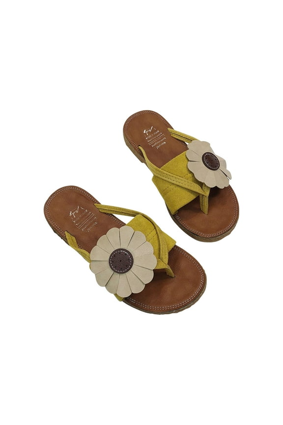 Sandals Women Summer Clip-Toe Sunflower Decor Faux Leather Sandals Shoes Comfy Flats Flip-Flops Casual Beach Sandals
