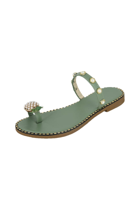 Summer Sandals for Women Streetwear Low Heel Sandals Fashion Beading Decor Pineapple Pattern Ladies Slider Clip Toe Flip Flops Boho Sandals Casual Beach Sandals
