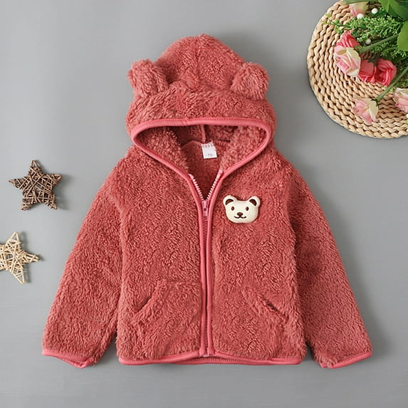 Fesfesfes Flannel Jacket for Toddler Kids Boys Girls Plush Coat Cute Solid Color Winter Warm Furry Jackets Bear Ear Hooded Jacket Fleece Coat On Sale