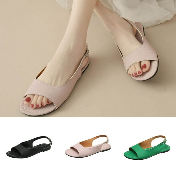 Fesfesfes Flats Sandals Women's Summer New Buckle Peep-Toe Sandals Color Flat Shoes 5.5(36)
