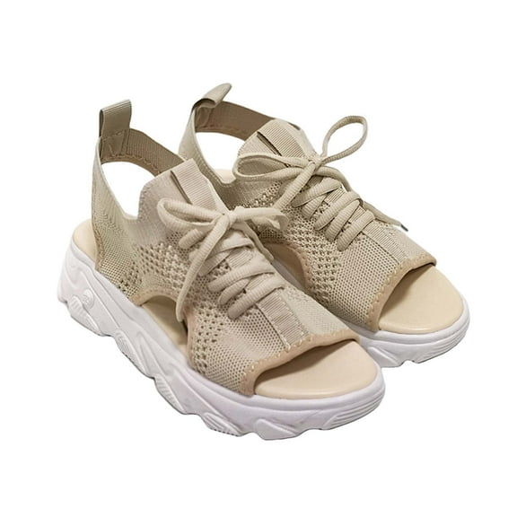 Fesfesfes Flats Women Muffin Sandals Causal Summer Open Toe Platform Sandals Shoes Breathable Muffin Sandals With Contrast Inserts And Lace-Up Cutouts For Women 7(39)