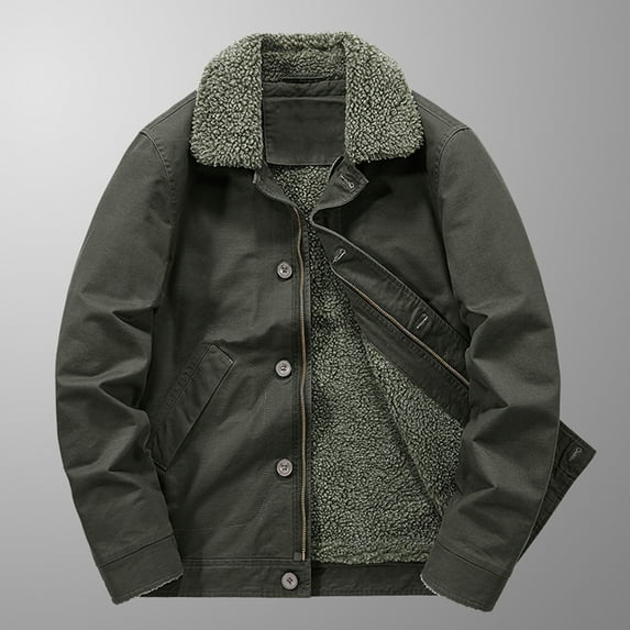 Fesfesfes Fleece Coat for Men Casual Fashion Solid Turn-down Collar Zipper Padded Thermal Jacket Coat On Sale