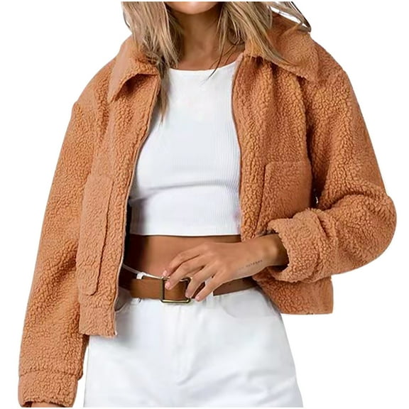 Fesfesfes Fleece Jacket for Women Solid Lamb Fleece Neck Zipper Casual Short Pocket Long Sleeve Coat Fall Sale