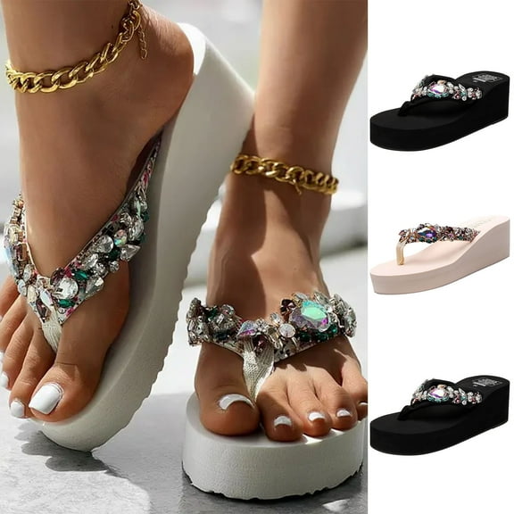 Fesfesfes Flip Flops Women Fashion Women Flip Flops Rhinestone Comfy Sandals Wedge Heel Beach Casual Pinch Toe Shoes 5.5(36)