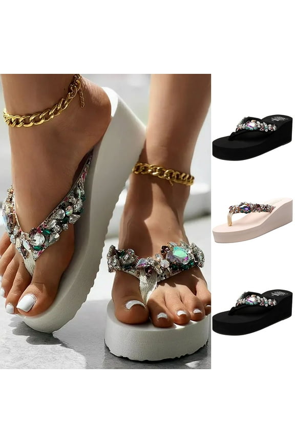 Flip Flops Women Fashion Women Flip Flops Rhinestone Comfy Sandals Wedge Heel Beach Casual Pinch Toe Shoes 7(39)